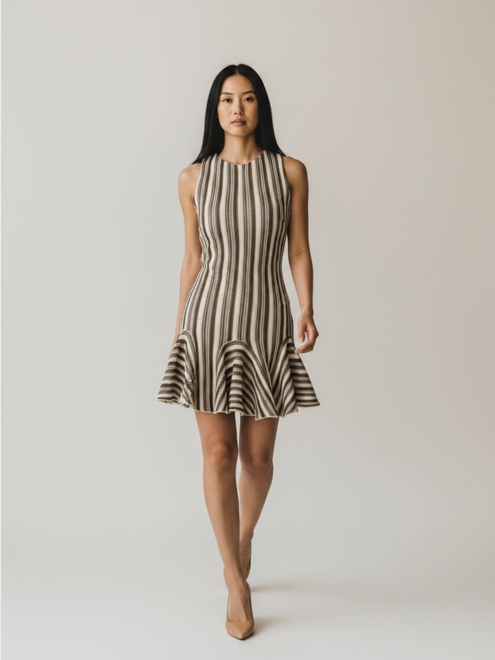 Rachel Roe NWT Crochet Sleeveless Striped Flared Hem feminine Mini Tan dress